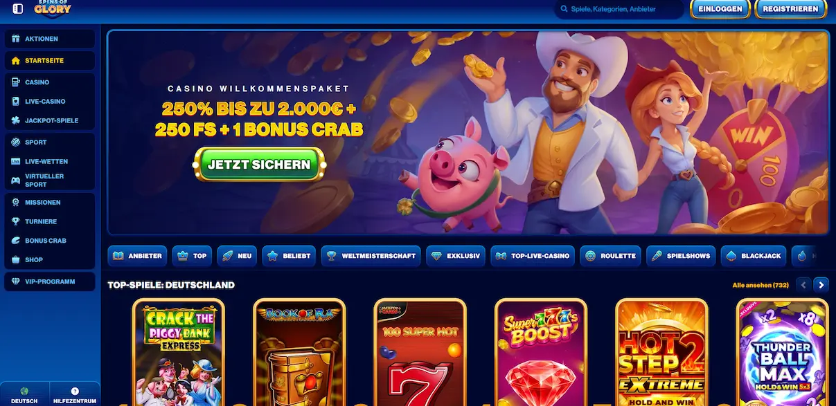Startseite von Spinsofglory Casino mit Spielelobby und Willkommensbonus