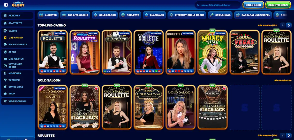 Live-Casino-Bereich von Spinsofglory mit Tischauswahl