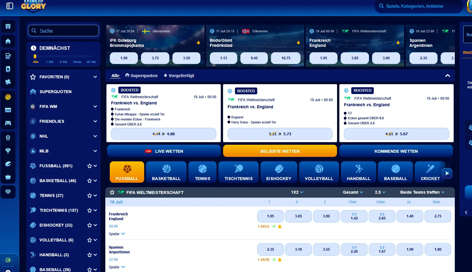 Sportwetten-Bereich von Spinsofglory mit Pre-Match- und Live-Events